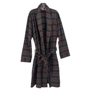 LL Bean Mens Robe Size Medium Gray Red Plaid Flannel 100% Cotton Pockets Belted